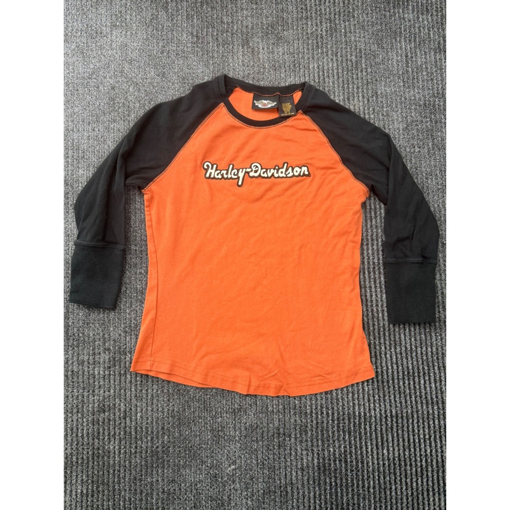 Harley-Davidson Womens Orange Black Raglan Logo Long Sleeve Shirt L USA Made